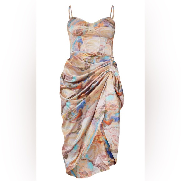 PLT Multi Marble Satin Ruched‎ Skirt Corset Midi Dress Size 12 - Picture 2 of 8